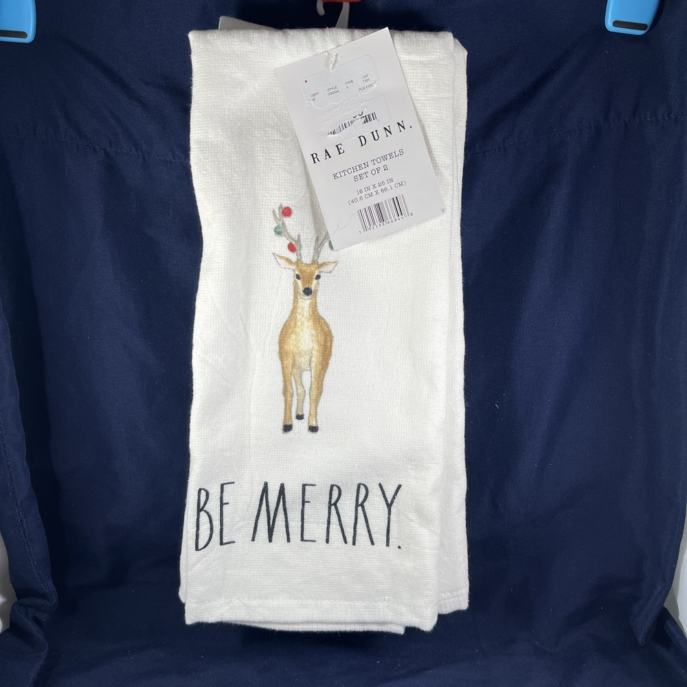 2 RAE DUNN Kitchen Towels 16x26 White Deer Ornament Be Merry Holiday Festive